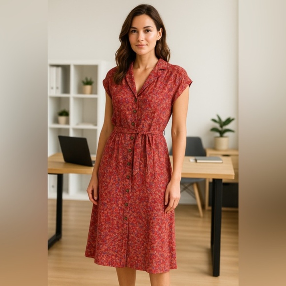 Ellison Women's Red Mixed Print Button Front Dress GUC M #1542